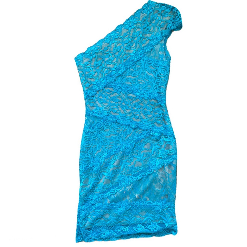 COPY - BEBE BLUE MIXED LACE DRESS